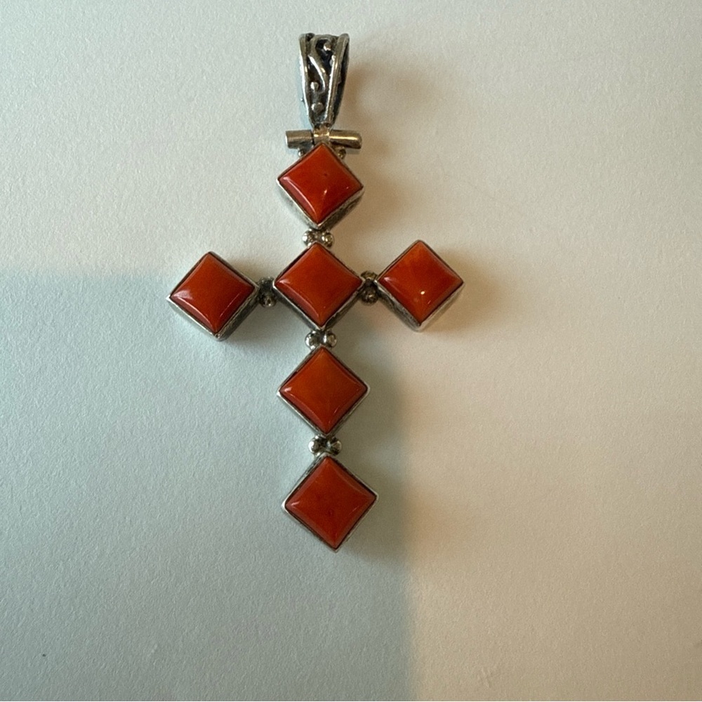 Vintage Sterling Silver 6 Coral Cabochon Cross Pendant